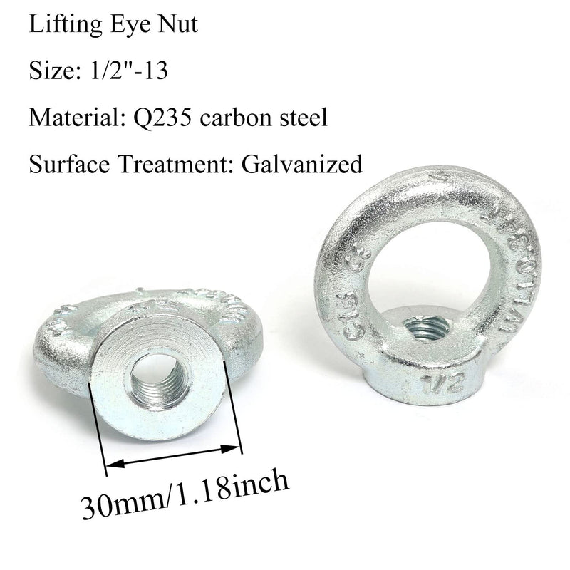 2pcs Carbon Steel Q235 Lifting Eye Nut 1/2"-13 Galvanized Iron