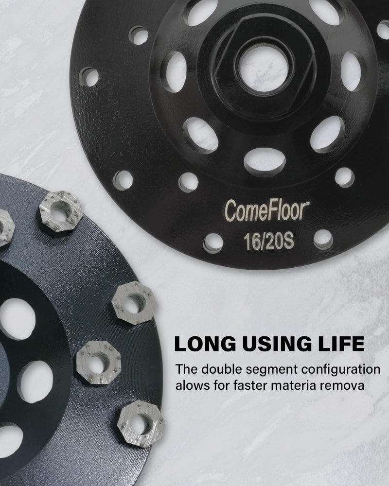 Diamond Grinding Cup Wheel for Hard Concrete Floor, Epoxy Coating Removal, 15 Aggressive Honeycomb Segments, 5 Inch 5/8”-11 Thread, 16/20 Grit 16/20# 5in