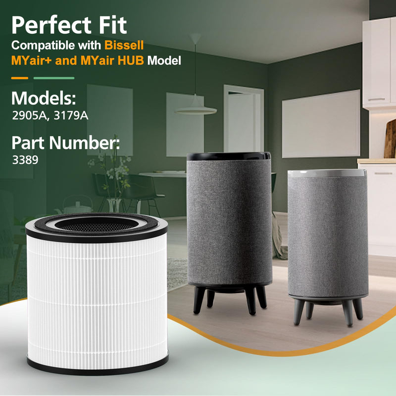 2 Pack 3389 Replacement Filter for Bissell MYair+ and MYair HUB 2905A 3179A