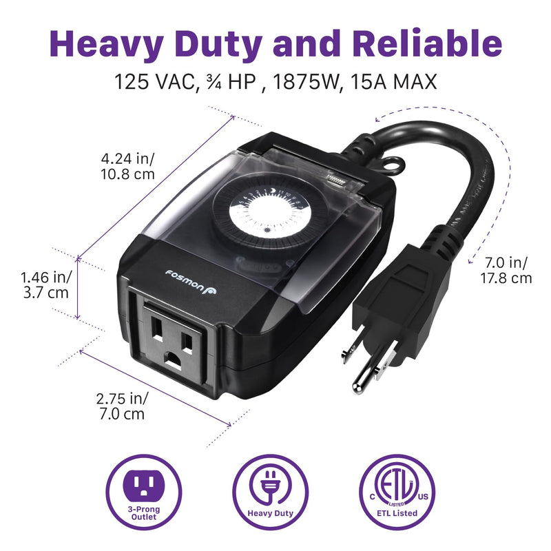 Fosmon Outdoor Light Timer Outlet Waterproof, 24 Hour Plug in Mechanical Pool Pump Timer Weatherproof, 3-Prong, Grounded, Heavy Duty, 15A 1/2HP 1 Pack