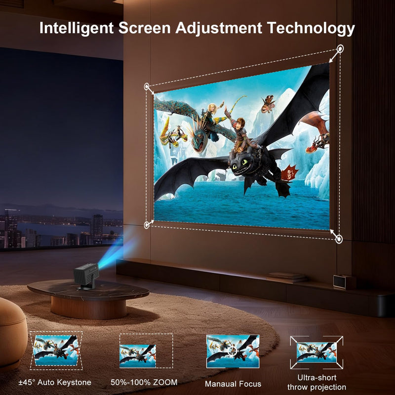 Mini Projector with WiFi and Bluetooth,Support Movie Projector 1080P HD,Auto Keystone Correction,135° Rotatable,Portable Projector Compatible with Smartphone, TV Stick, Laptop, HDMI, USB Black
