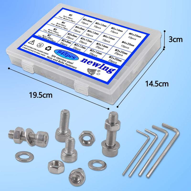newlng 945pcs Screws Set M2 M3 M4 M5 Screws with Nuts and Washers Set Stainless Steel 304 Hexagon Cylinder for DIY Fixing with Storage Box M2345-2