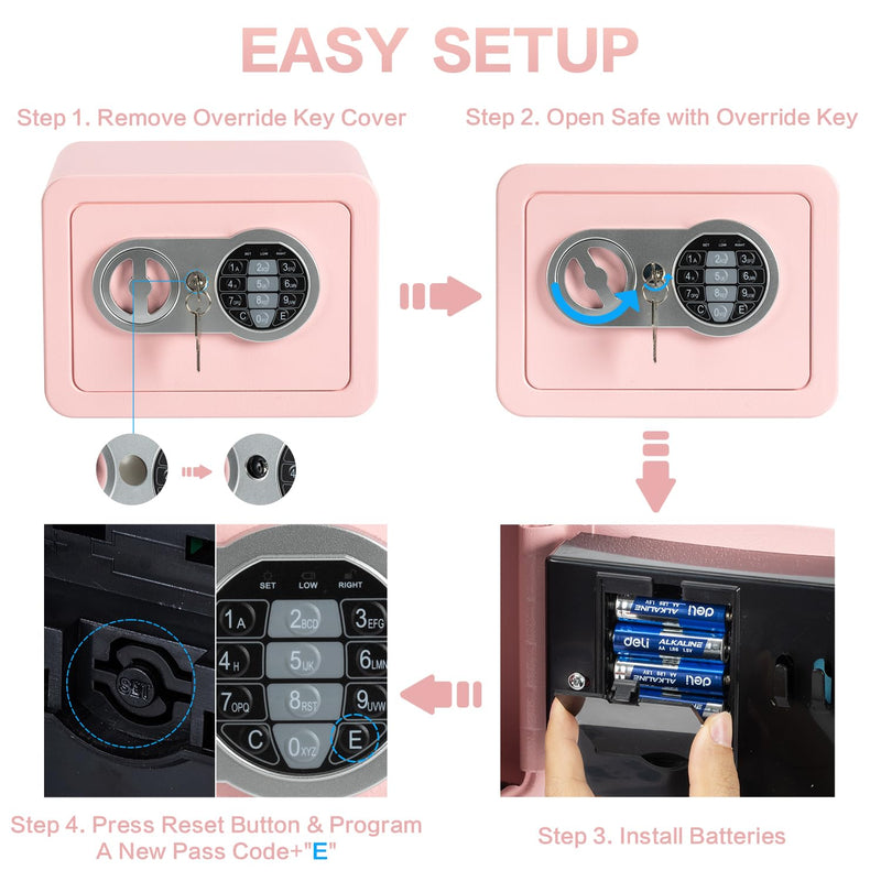 0.23 Cubic Feet Safe Box, Small Safe W/Fireproof Bag, Keys & Pass Code, Digital Electronic Security Money Box for Cash, Document, Home, Office, Hotel Use, Pink, 6.69"D x 9.06"W x 6.69"H 0.23 Cubic Feet