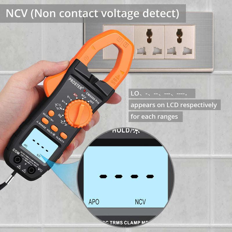 Proster Digital Clamp Meter 6000 Count - 800A DC AC Current AC/DC Voltage Multimter, TRMS NCV Continuity Capacitance Resistance Frequency Diode Hz Tester, with Test Leads, Alligator Clips Black 6000Counts