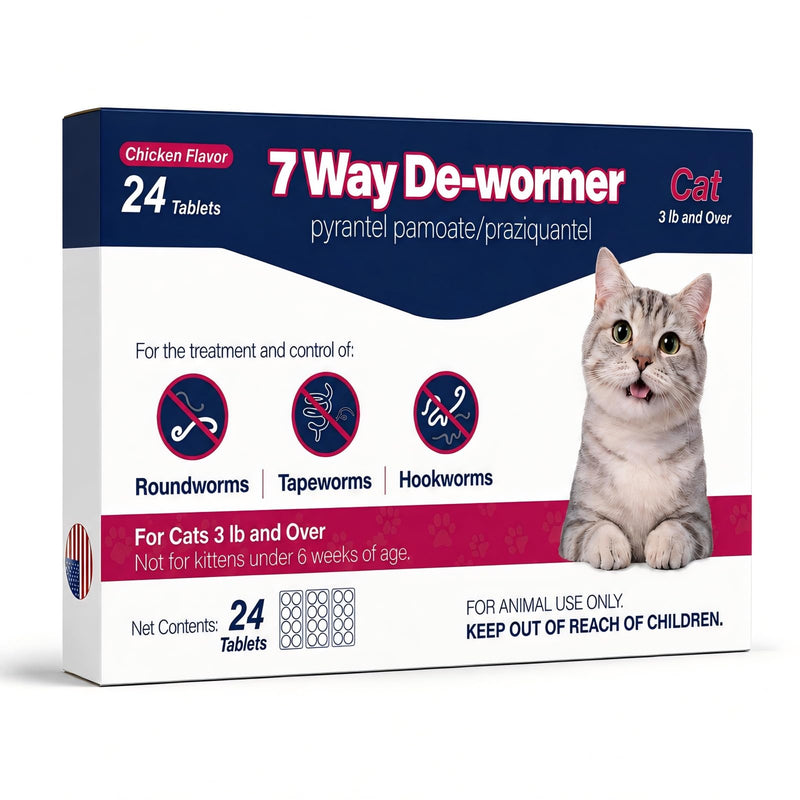MEGEAR 7 Way De-Wormer for Cats, Chicken Flavored Tablets for Roundworms, Tapeworms & Hookworms, with Pyrantel Pamoate & Praziquantel, for Cats 3 lbs and Over, 24 Tablets