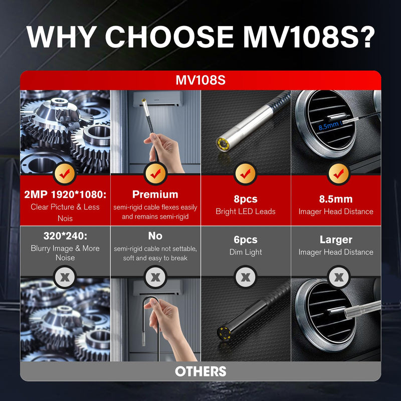Autel MaxiVideo MV108S Digital Inspection Camera, 2MP 1920x1080, 8.5mm Ultra-Slim USB Industrial Endoscope, IP67 Borescope Snake Camera+ LED Light, Work w/Autel Scanner & P-C, up of MV108 MV105S MV105