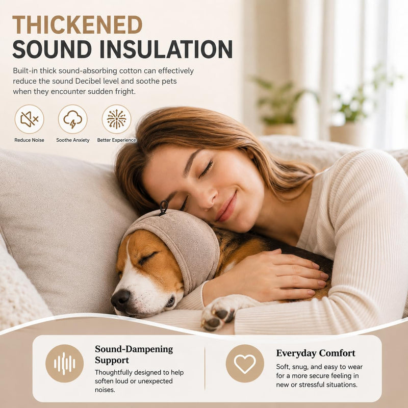 Upgraded Dog Ear Muffs with Soundproof Foam, Noise Protection, No Shake Ear Wrap, Calming Hoodie for Fireworks Grooming Bath Coffee L Mocha Bark Large