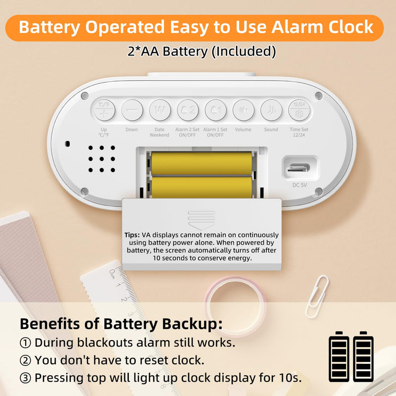 DOOMAY Digital Alarm Clock for Bedroom: Dual Alarm Bedside Clock VA LCD Display with Seconds, 9-Minute Snooze and Weekend Mode, 3 Brightness, 4 Alarms and 3 Volume Levels，Type C & Battery Included White