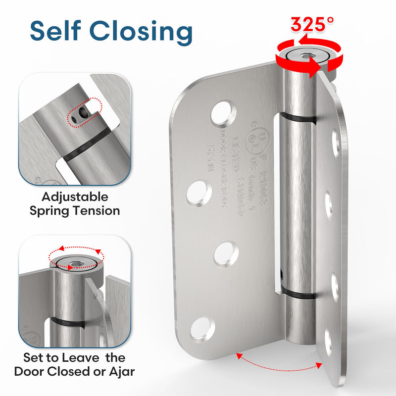 Self Closing Door Hinge, Auto Closing Spring Hinge with Adjustable Tension, 4 x 4 Inch, 5/8'' Radius Corners, for Home Interior, Exterior, Cabinet Doors and Commercial Use, Satin Nickel, 1 Pack 4" (1 Pack)