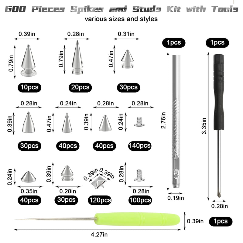 600 PCS Metal Studs and Spikes for Clothing, 8 Size Cone Spikes and Pyramid Studs,Screwback Studs Rivets Punk Accessories Kit for DIY Punk Style Clothes Bags Purse Collar Leather Craft Silver