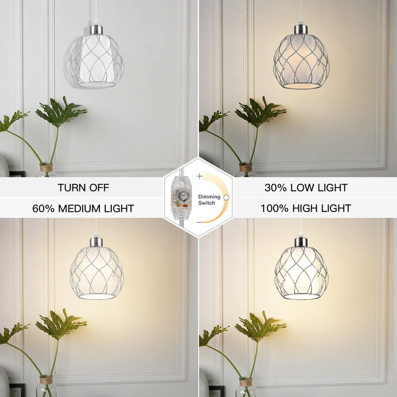 Plug in Pendant Light,Hanging Light with Plug in Cord,Silver Hanging Lamp with Dimmable Switch,15 ft Clear Cord,Hanging Light Fixture for Kitchen Island Living Room Bedroom (Bulb Included) Silver