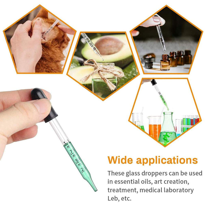 Eye Dropper for Essential Oils, Pipettes Dropper with Black Rubber Head, Calibrated Thick Glass Medicine Dropping Pipettes, 1ml Dropper Measurer, Dropper for Liquids, Straight-Tip, Bent-Tip, 5 Packs Straight Tip