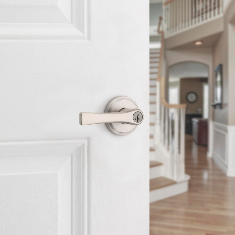 Kwikset Katella Entry Door Handle with Lock and Key, Secure Keyed Reversible Lever Exterior, For Front Entrance and Bedrooms, Satin Nickel, Pick Resistant Smartkey Rekey Security and Microban