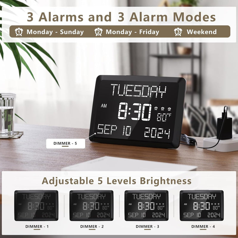 Raynic Digital Clock, 11.5" Large Display Calendar Clock with Day and Date, Indoor Temperature, Adjustable Brightness, Snooze,12/24H, DST for Home, Office, Elderly White Font