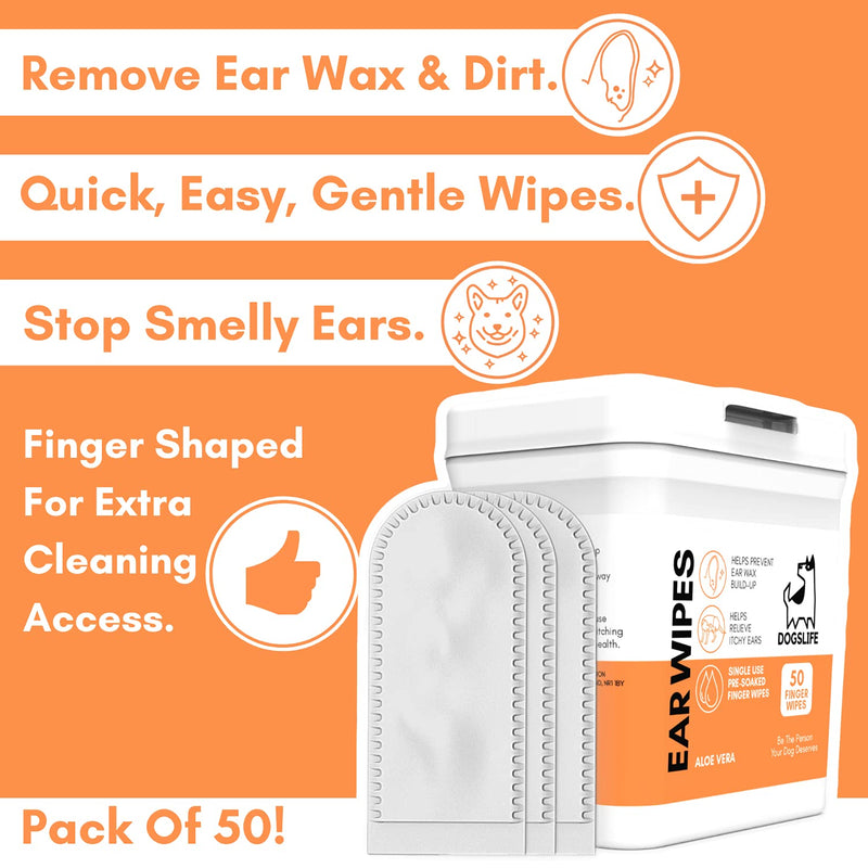 Dog Ear Wipes for Dogs | Ear Cleaning Wipes | Remove Wax, Dirt & Odor | Soothe Itchy Smelly Ears | 50 Soothing Aloe Vera Dog Ear Cleaner Finger Wipes