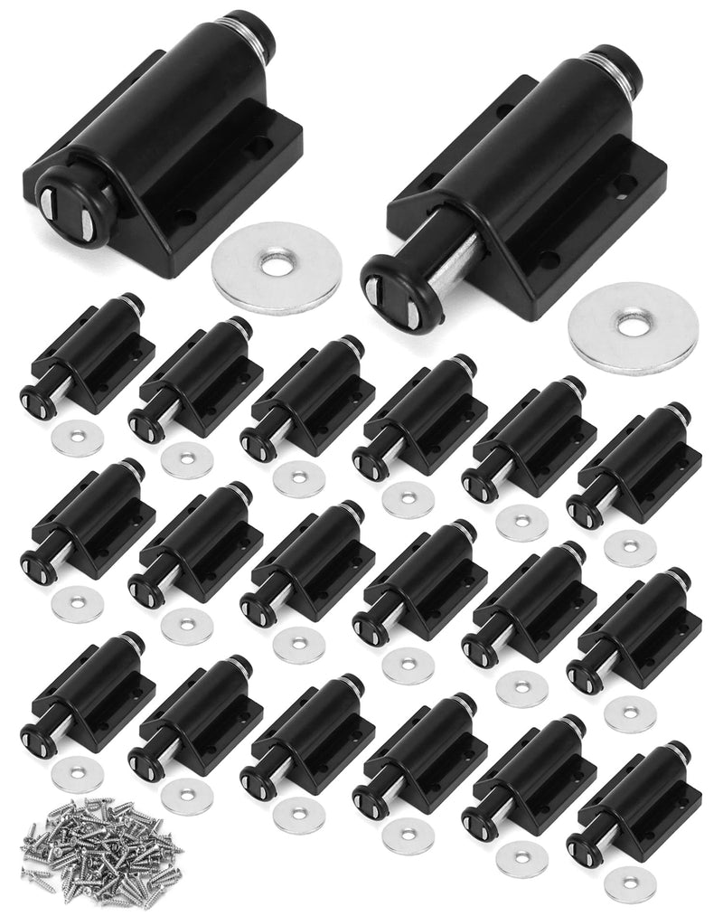 QWORK Magnetic Touch Latch -20 Pack Black Push-to-Open Magnetic Catches for Home Furniture, Glass & Wardrobe Doors, Single Round Magnetic Head - 56mm Extended Length with Mounting Screws