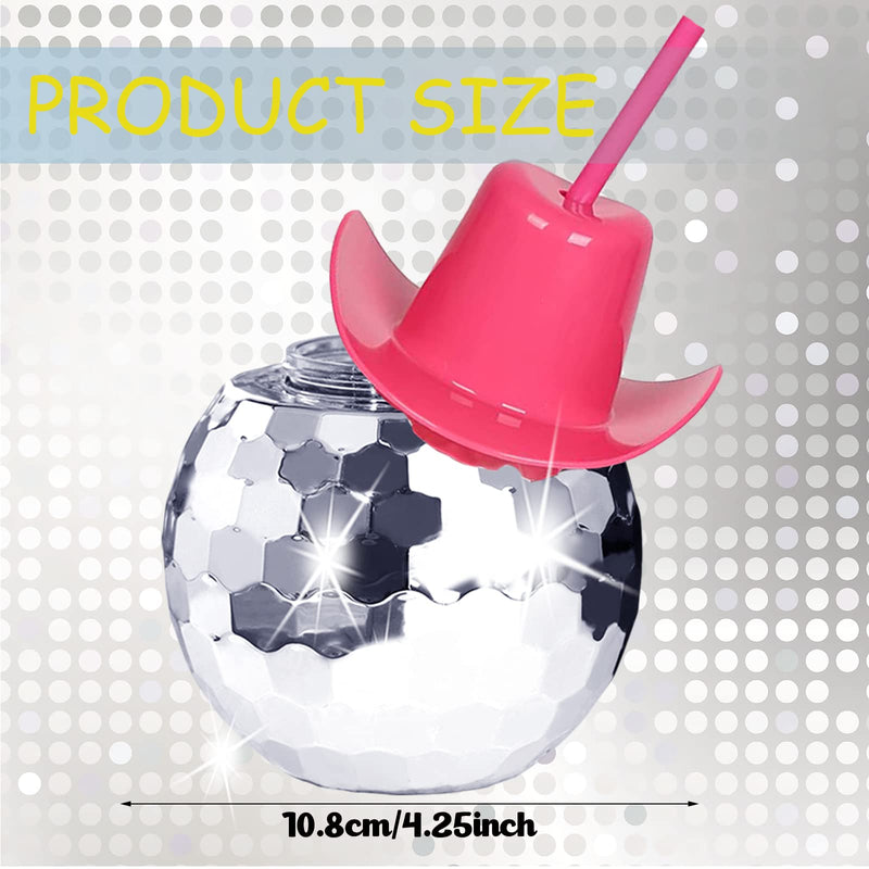 Disco Ball Cups,6 Pcs Silver Disco Cups with Cowboy Hat Lid and Straw, Sparkly Glitter Disco Ball Tumbler Pink Western Cowgirl Hat Disco Ball Cocktail Cup for Party Supplies