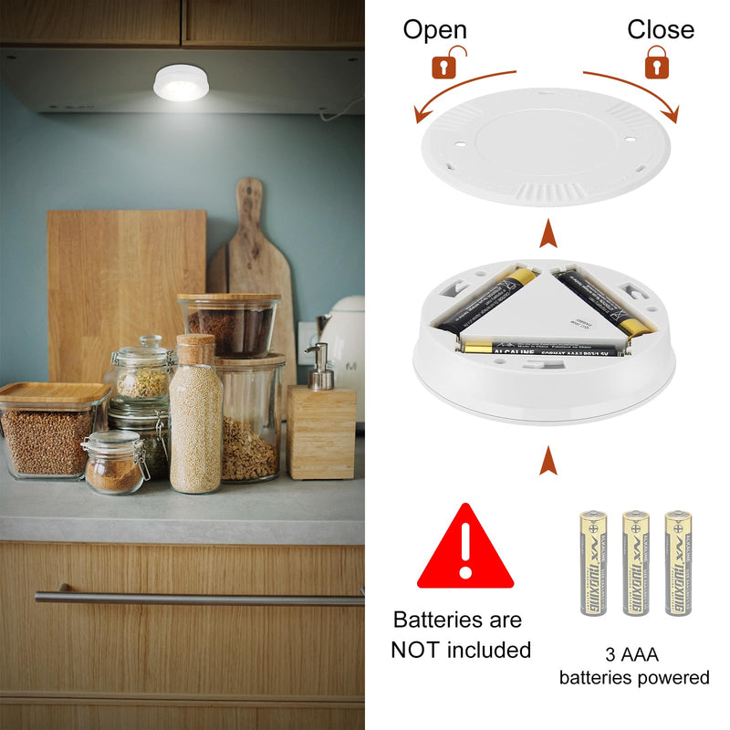 LUXSWAY LED Puck Light, Ultra-Thin Touch Lights, Battery Operated, Tap Lights, 60 Lumens, Stick on Lights, Under Cabinet Lighting, Ideal for Kitchen Cabinets, Closets, Garage and More, 3-Pack, White White - Manual ON/OFF Puck Lights