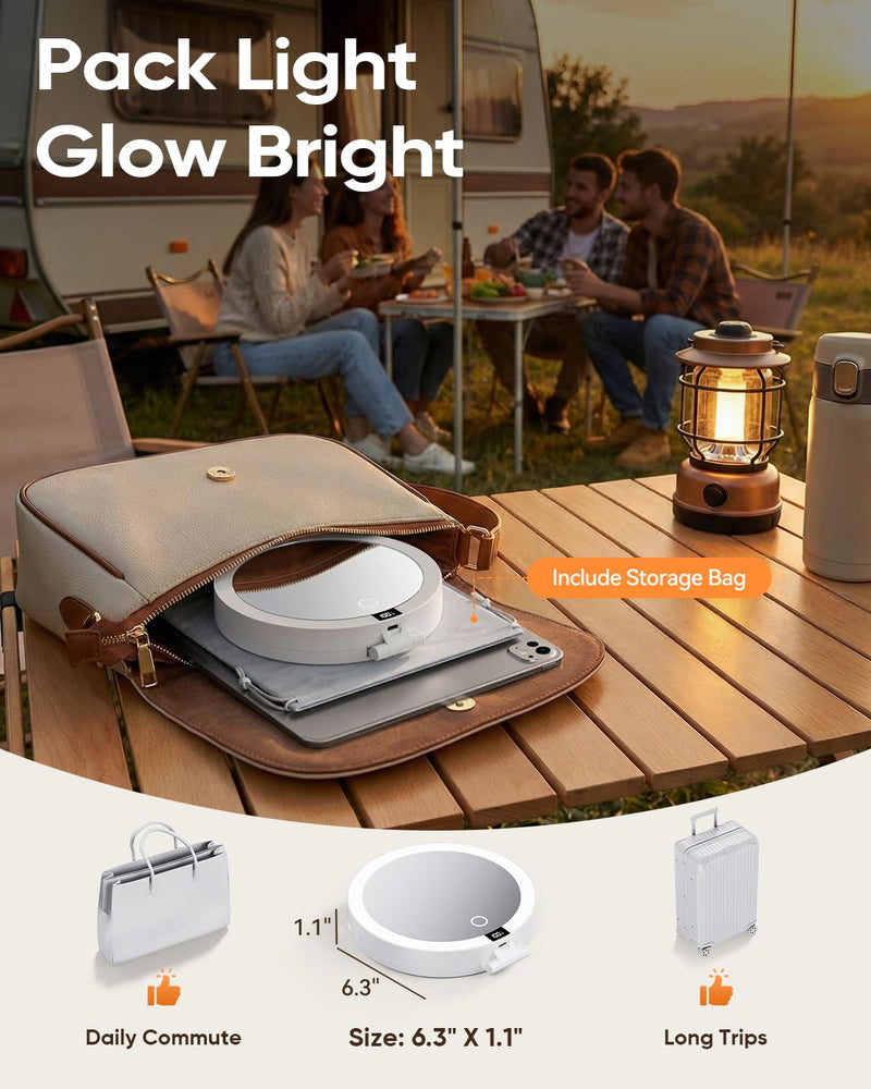 Travel Makeup Mirror with Lights (Gen 3) - 20X/1X Dual Sided Magnifying Mirror with Digital Power Display - Rechargeable, 3 Color Dimmable, CRI 95+ - Portable Folding Design White