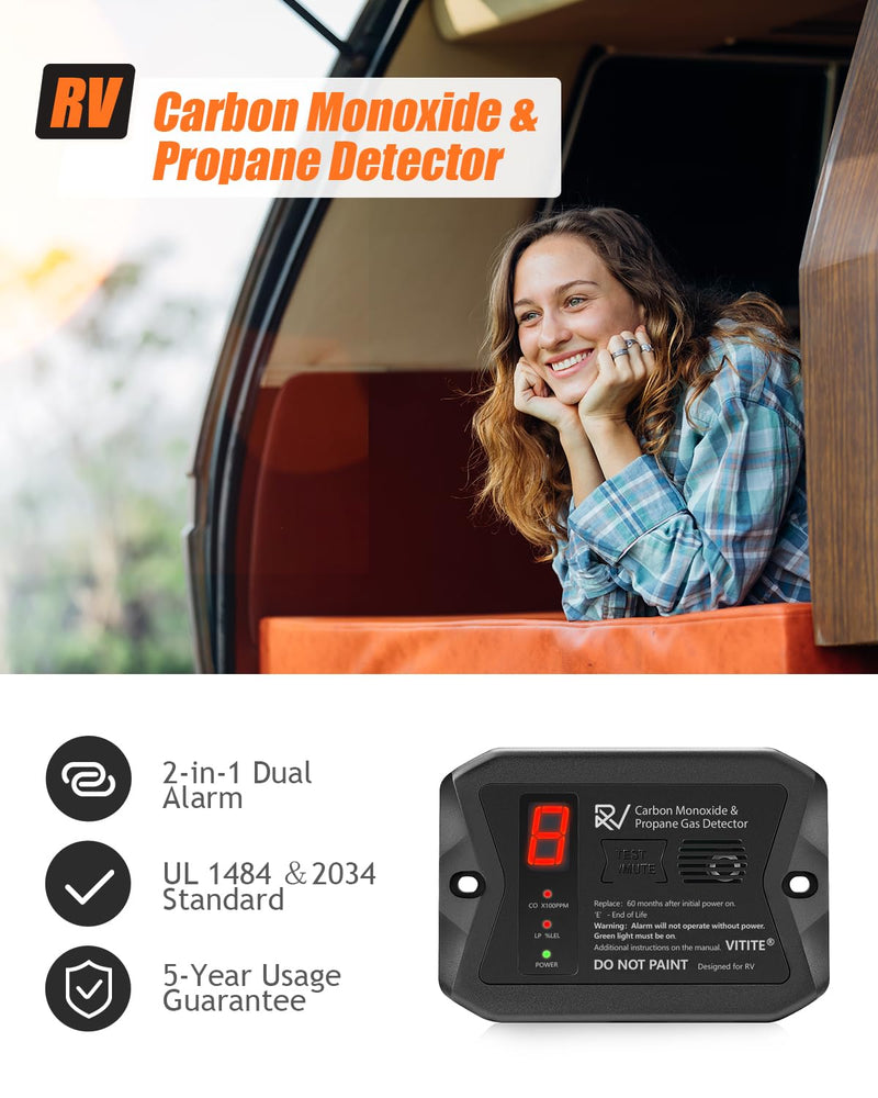 RV Carbon Monoxide & Propane Detector, VITITE RV Dual CO/LP Gas Alarm, Hardwired - VDC 12V, Flush & Surface Mount, with 3 Brackets