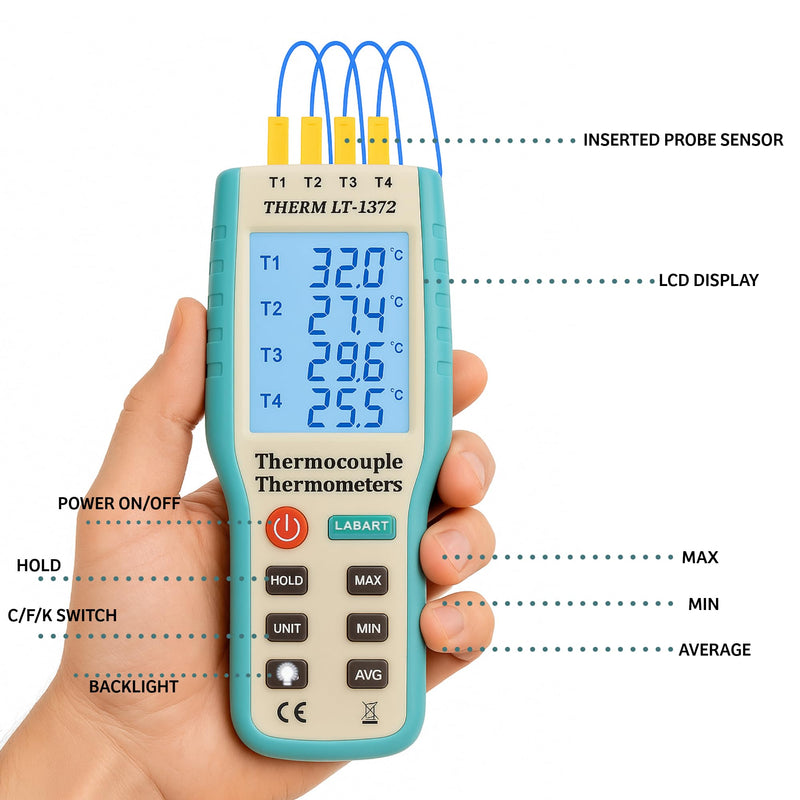 LABART 4-Channel K-Type Digital Thermometer Thermocouple Sensor -200~1372°C/2501°F Sensor