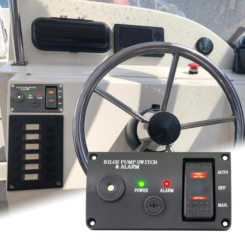 Bilge Pumps Switch for Boats,with LED Indicator Alarm,3-Way Auto-Off-Manual Switch w/Spring From Manual Position, Black ABS Panel,12V DC
