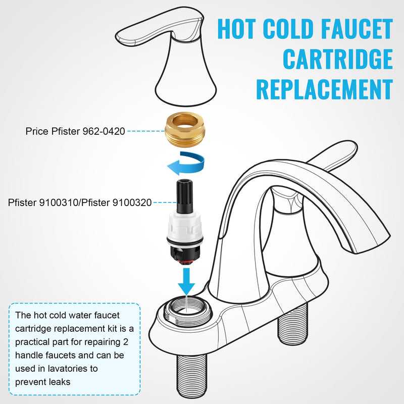 Dreyoo 2 Set Hot Cold Faucet Cartridge Replacement Kit Compatible with Pfister 9100310/Pfister 9100320/Pfister 962-0420 Retainer Nuts, Come with Waterproof Silicone Grease