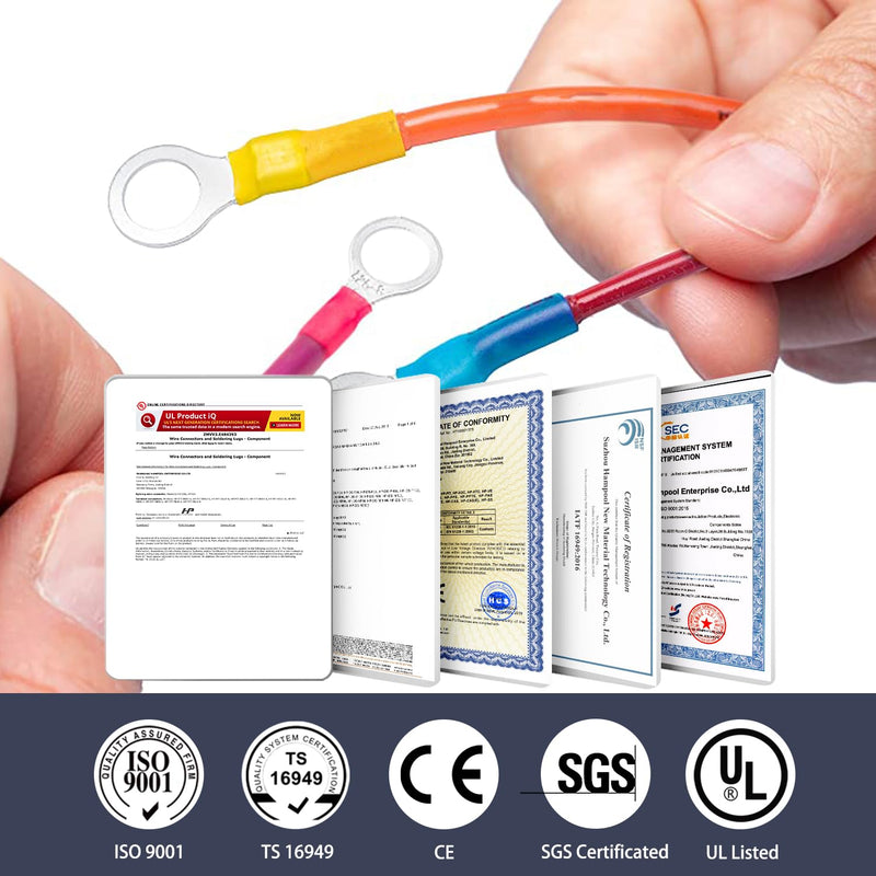 Chanzon Heat Shrink Ring Terminal 22-18, 16-14, 12-10AWG #10,1/4",5/16",3/8" Wire Connectors Kit Waterproof Marine Grade Adhesive Lined Gauge Electrical Crimp Assorted Boat Truck 1) 22-10AWG All Sizes Ring Connector