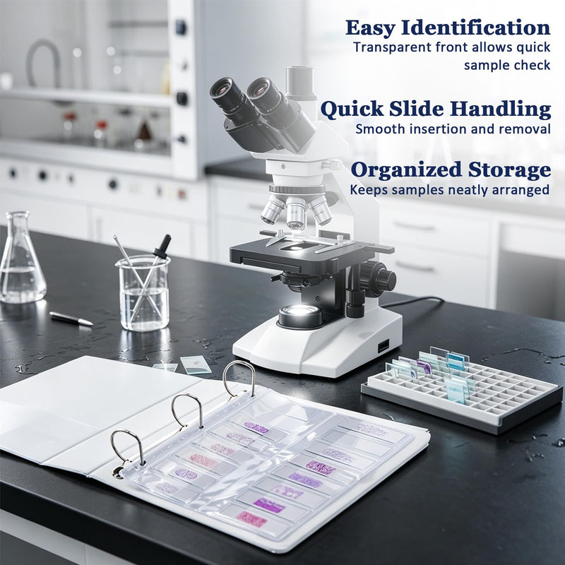Sabary 10 Pack Microscope Slide Holder Pages for 3 Ring Binder, Holds 160 Standard 25 x 75 mm Glass Slides, Clear Slide Storage Sheets for Lab, School, Research, Specimen Collection Organizer