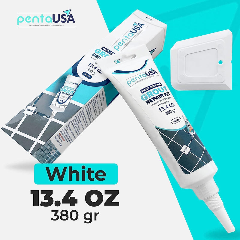 PentaUSA Tile Grout - Large Grout Filler Repairs Renews Tube, Fast Drying Grout Repair Kit, Odorless Formula - Grout Floater Included - 13.4oz / 380gr (White) White