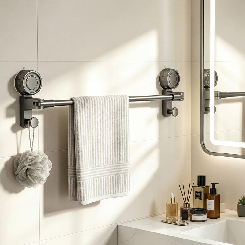 Adjustable Suction Cup Towel Bar for Bathroom Wall, 20-34" Extendable Carbon Steel Towel Racks, Space Saving Grey Bath Towel Holder with Hooks, No-Drill Mounted (20-34IN, 1-Tier) 20-34IN