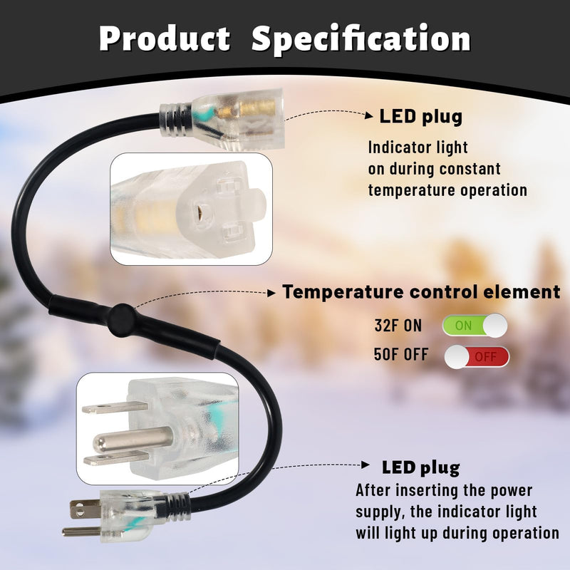 Thermostat Controlled Extension Cord,32°F(0 Degree) Auto On/50°F(10 Degree) Thermostat Controlled Outlet for Heat Cable Controller,Compatible with Any Outdoor Thermostat Plug Outlet 1 Plug/1PCS
