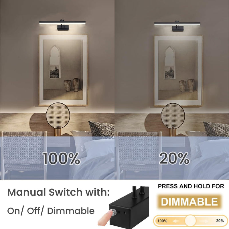 FUNCHDAY Picture Light, Wireless Rechargeable Gallery Light with Remote, 280LM Dimmable Painting Art Lighting Battery Operated, 16" Metal Picture Lights for Wall Art,Paintings,Mirror (Black) Black 16 Inches
