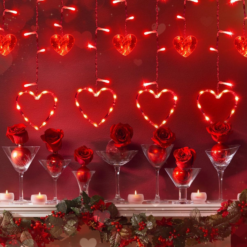 Valentine's Day Red Curtain Lights with 12 Hearts，138 LED Heart-shaped String Lights 8 Lighting Modes，Plug in Waterproof Valentines Day Lights for Indoor Outdoor Party Wedding Valentine's Day Decor