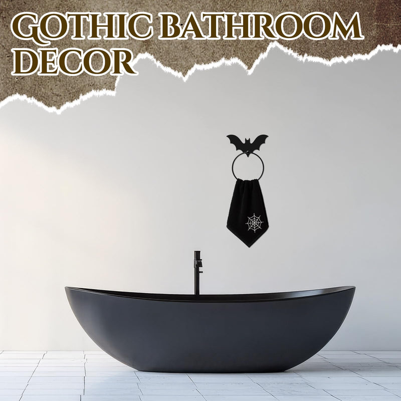2Pcs Gothic Bat Metal Towel Rings Halloween Towel Holder Oil Rubbed Bath Towels Ring Black Art Hand Towels Rack Gothic Bathroom Decor