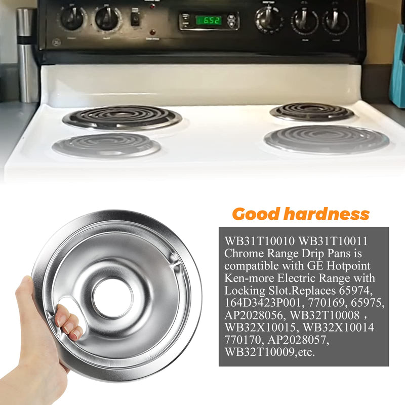 WB31T10010 WB31T10011 Chrome Range Drip Pans by Blutoget- Electric Stove Drip Pans Fit for GE Hotpoint Ken-more Electric Range with Locking Slot-Includes 2 6-Inch&2 8-Inch -4 Pack(Chrome Plated Steel)