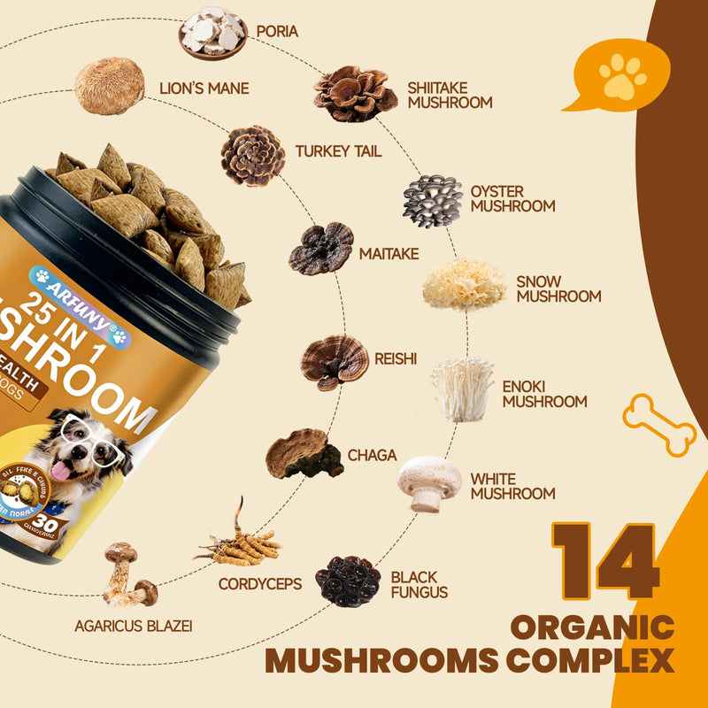 24 in1 Dog Mushroom Chews & 25 in1 Dog Mushroom Chews - Lumps & Bumps - Gut, Hip, Joint, Skin, Coat, Immune Health