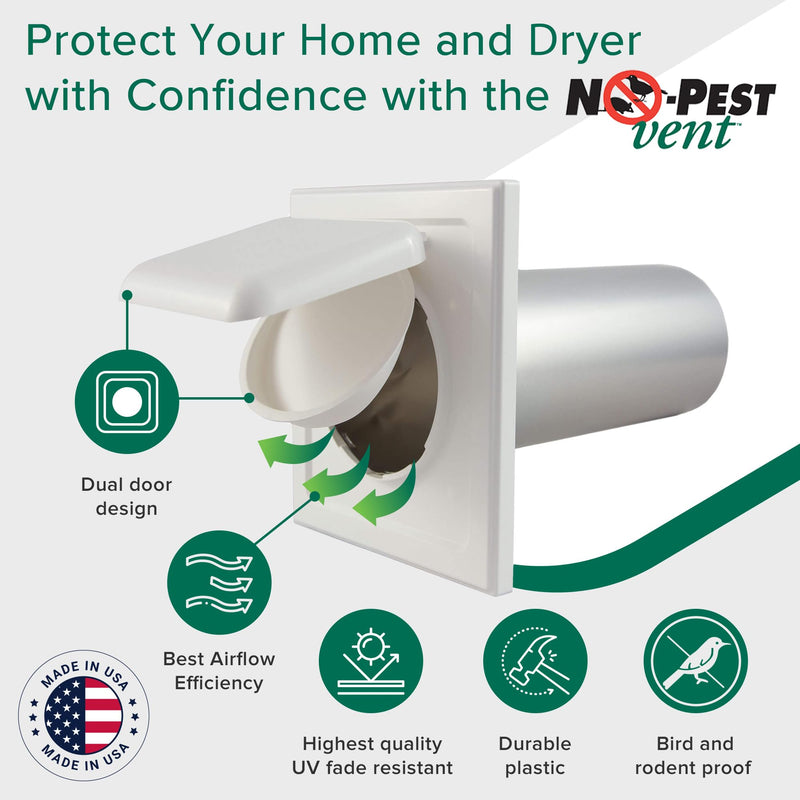 Exclusive Dual Door Dryer Vent Cover Outdoor 4 inch, Made in USA w Highest UV Resistant Plastic in any Outdoor Vent Cover (White, 4 inch W/O Duct Tube) White