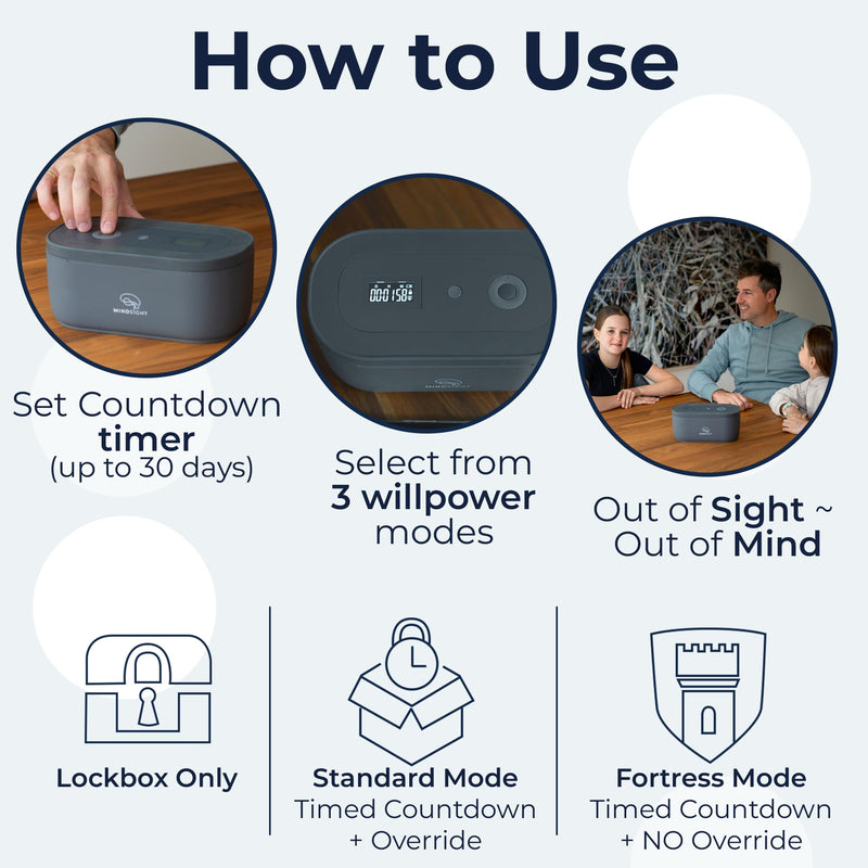 Mindsight Timed Lock Box | Unplug from Phones, Video Games, Social Media, Snacks & Cravings | 3 Modes based on Willpower | Easy to Use | Out of Sight ~ Out of Mind | Boost Your Mental Wellness Standard Charcoal