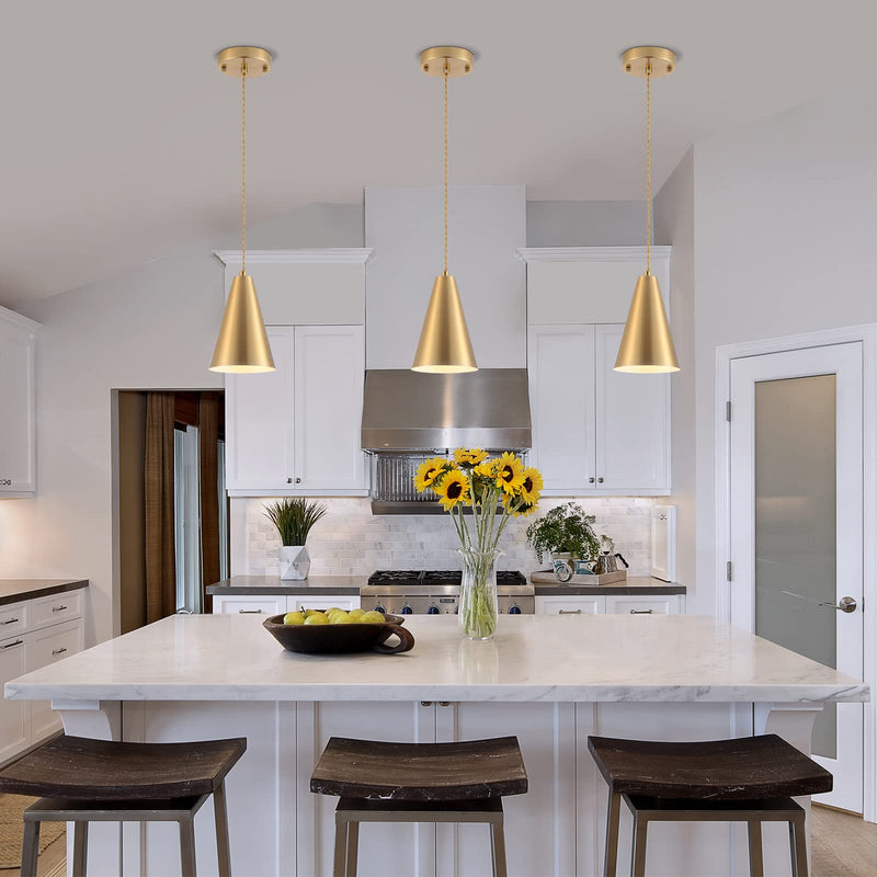 Gold Pendant Lights Kitchen Island,Dining Room Light Fixtures Over Table 3 Pack with Brushed Brass Cone Metal Shade, Modern Farmhouse Mini Chandeliers,Adjustable Cord Hanging Lighting for Bar,Sink 3Pack Gold