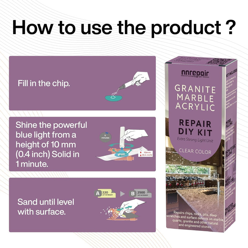 Quartz Countertop Repair Kit DIY (Clear Color + Polisher) - Made by Engineers I Also for Granite, Acrylic, Fiberglass, Porcelain, Tile & Ceramic Surfaces I Easy Process & Quick Result