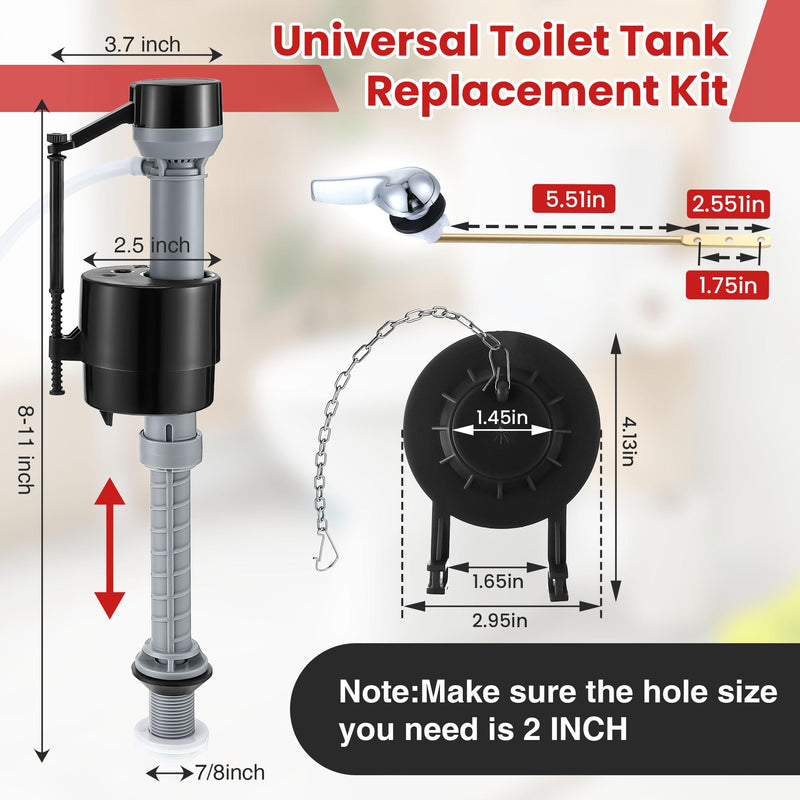 Saillong Universal Toilet Tank Replacement Kit, Include Toilet Fill Valve, 2Inch Low Flow Toilet Rubber Flapper with Toilet Chain, Front Mount Toilet Flush Brass Handle, Adjustable Water Level (Black) Black