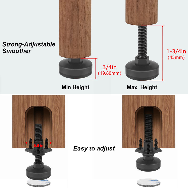 Heavy Duty Furniture Levelers 3/8''-16 Thread w/ T-Nut Kit Furniture Leveling Feet Adjustable Furniture Levelers for Tables,Cabinets,Chairs,Workbench,Sofa and More,Large Base Supports 1320LBs-4 Packs 4 Packs Black