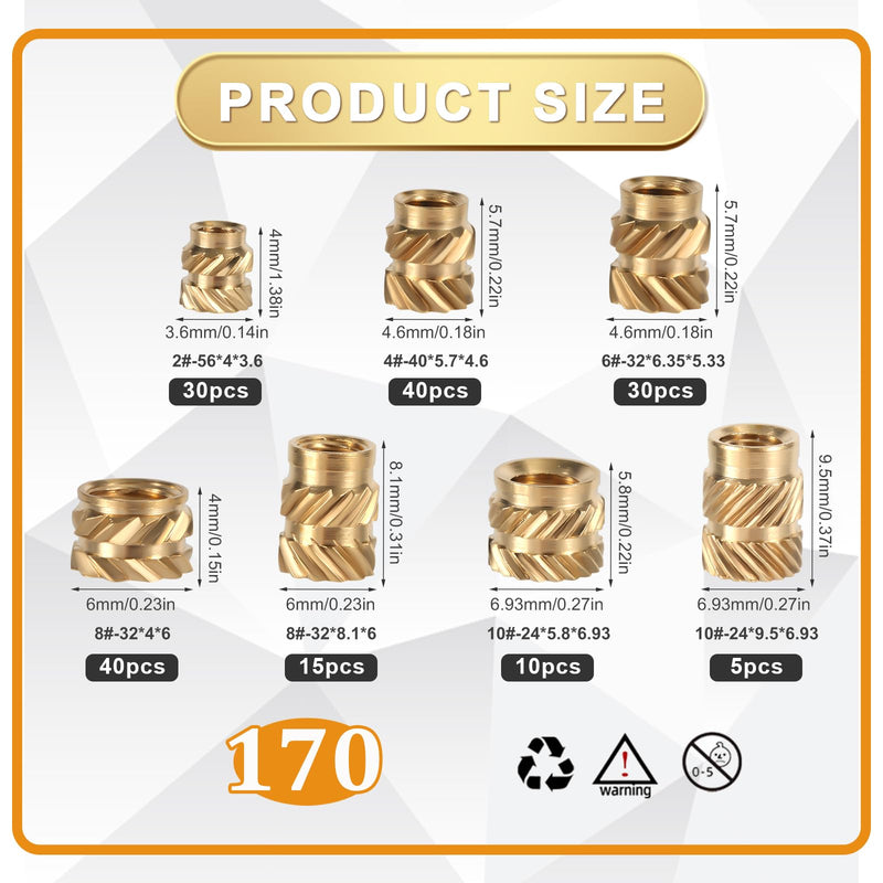 170pcs Female Thread Knurled Nuts, 2-56 4-40 6-32 8-32 10-24 Brass 3D Printing Brass Nuts Knurled Embedment Nuts Threaded Inserts Parts for Plastic 3D Printing Injection Molding Accessories