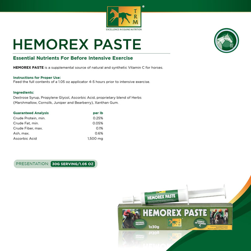 TRM Hemorex Paste for Healthy Horses, Complimentary Feeding Stuff, Essential Nutrients for Before Intensive Exercise - 1.05 oz 1.05 oz (30g) 30g