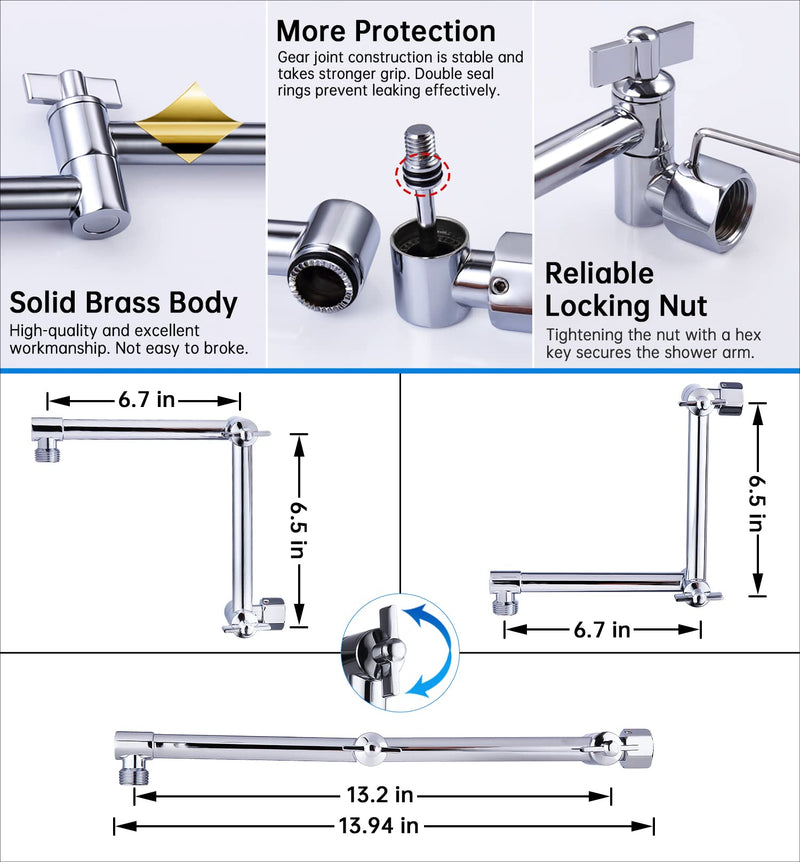 G-Promise 13 Inch Shower Head Extension Arm, Solid Brass Height & Angle Adjustable Extender, Rise or Lower Rainfall and Fixed Shower Head (Chrome) Chrome