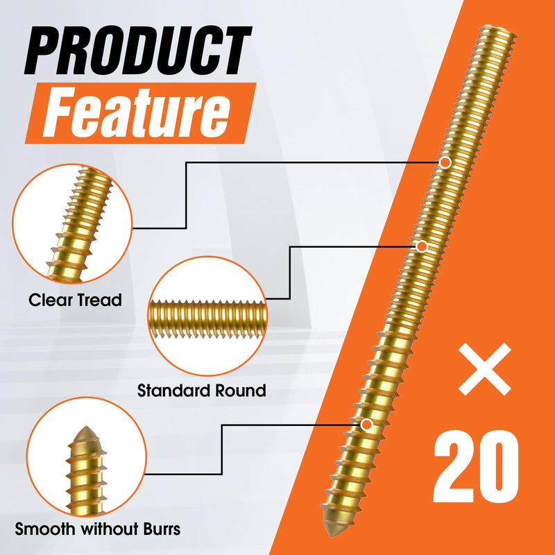 Hanger Bolts,Single Pointed Double Ended Screws 20PCS 1/4" (20, Yellow, 1/4"X 2") 1/4"X 2" 20