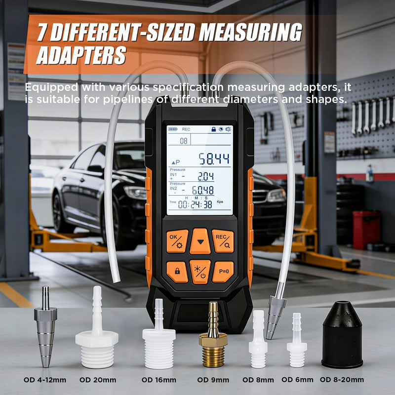 Manometer, Dual Port Digital Manometer -100~200kPa, 10 Units, 7 Adapters, HVAC Gas Pressure Tester with Backlight LCD Display, Data Hold/Record, Flashlight