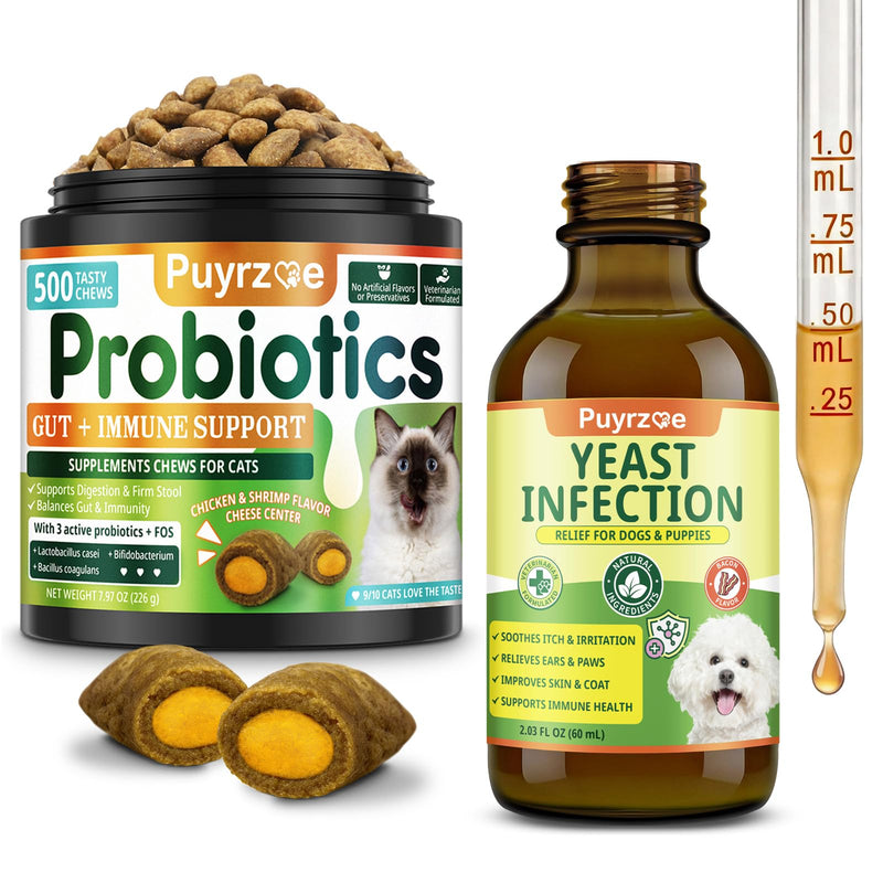 Puyrzoe Multi-Pet Gut & Yeast Balance Bundle – Cat Probiotic Chews with 3 Probiotics & FOS + Dog Yeast Support Oral Drops, Digestive & Immune Support for Cats & Dogs