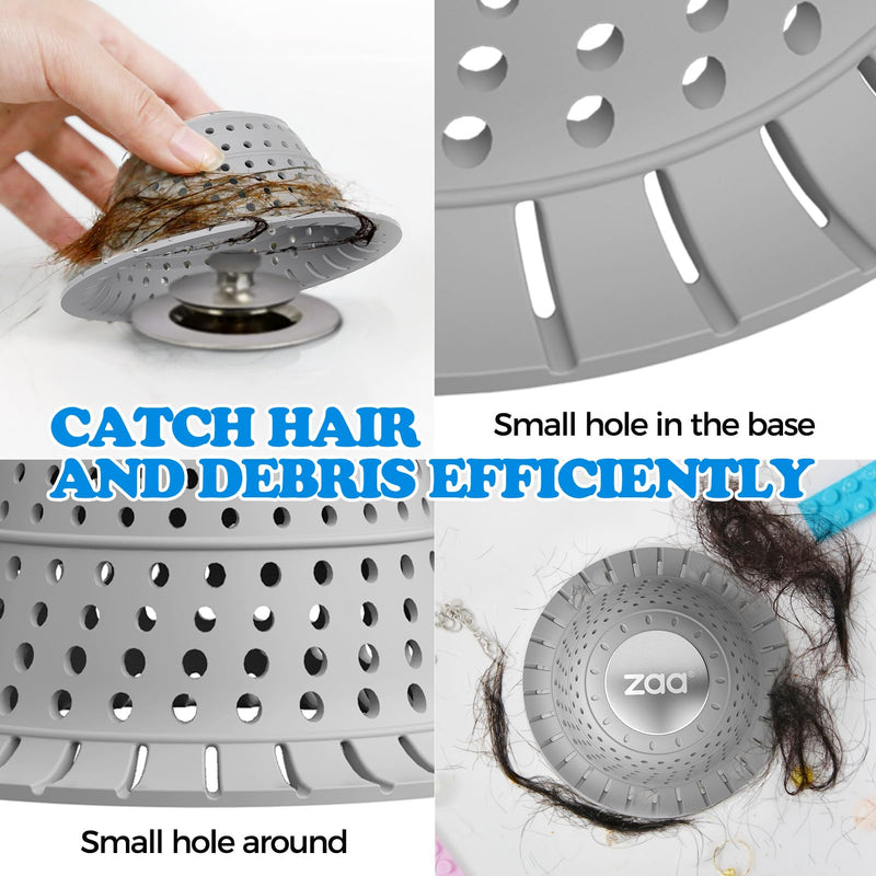 zaa Bathtub Drain Hair Catcher, 2 Pack Silicone Collapsible Bathtub Drain Cover Hair Catcher & Protector for Pop-Up & Regular Drains of Shower, Bathtub, Tub, Bathroom, Sink Gray